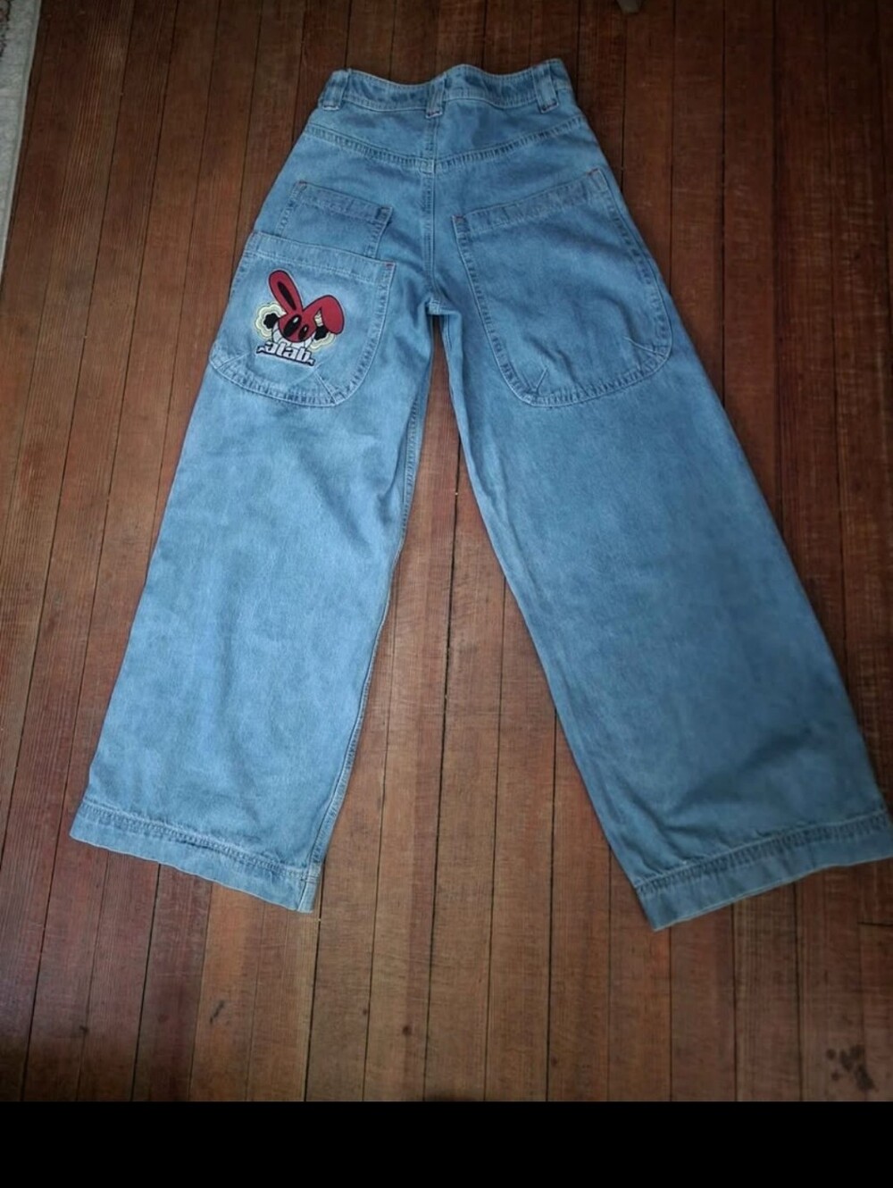 A.lab Skater Wide Leg Light Blue Denim Jeans with Back Pocket Graphic Punk Rock
